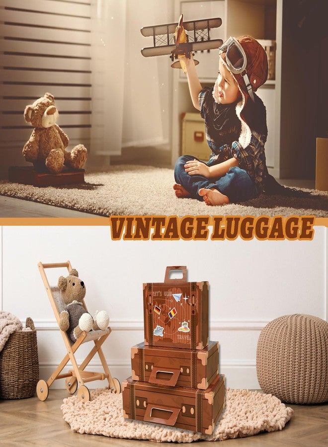 8HREST 6 Pcs Large Vintage Travel Suitcase Box Travel Party Decorations Paperboard Suitcases Gift Box Decorative Set of 3 Small Stackable Storage Chests Decor for Themed Party Favors (Brown) - Image 4